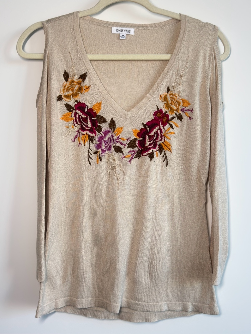 Johnny Was Embroidered Cold Shoulder Silk Cashmere Blend Sweater XS